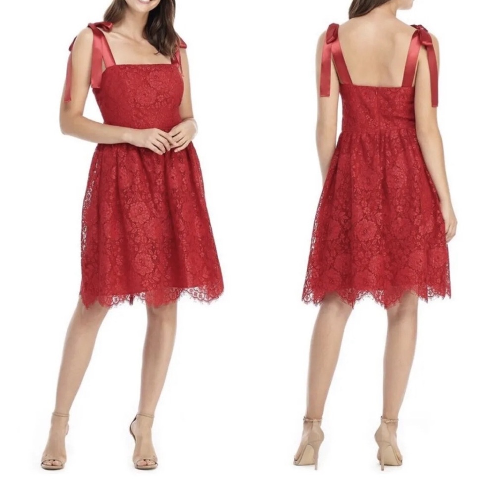 NWTGALMeetsGlam Lucia Ribbon Tie Shoulder Dress Red Lace Christmas Dress Sz8 090